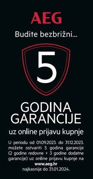 5 godina na AEG ugradbene aparate bijele  tehnike,  stednjake,  perilice  posuda,  perilice  rublja,
