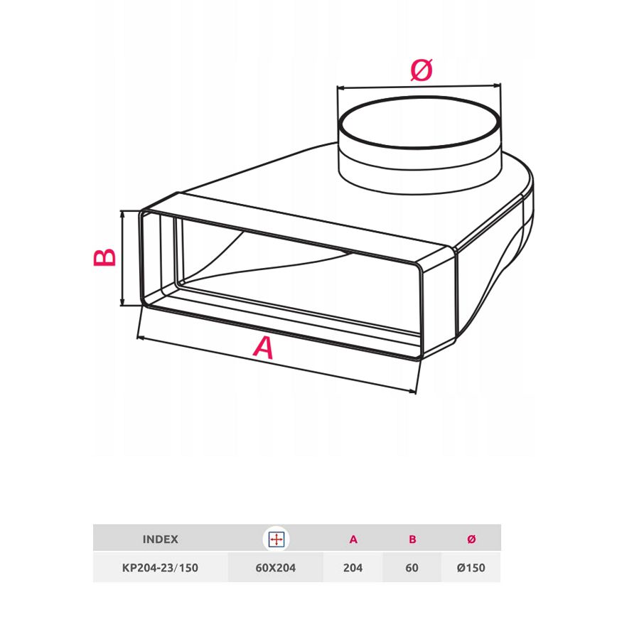 Adapter Awenta ravni-okrugli KP204-23/150 90°/60x204/150mm