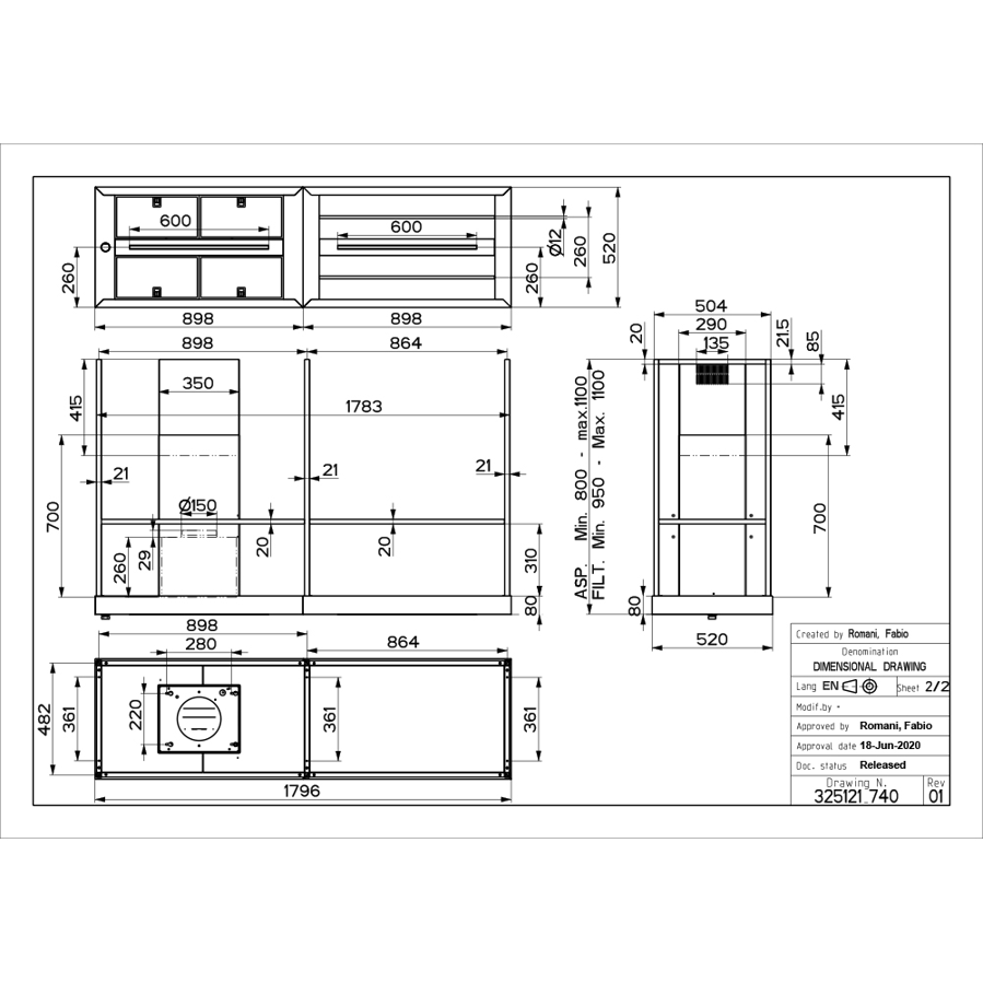 Napa Faber T-Shelf EV8 Titanium Matt A180 (710m3/h) 325.0617.018