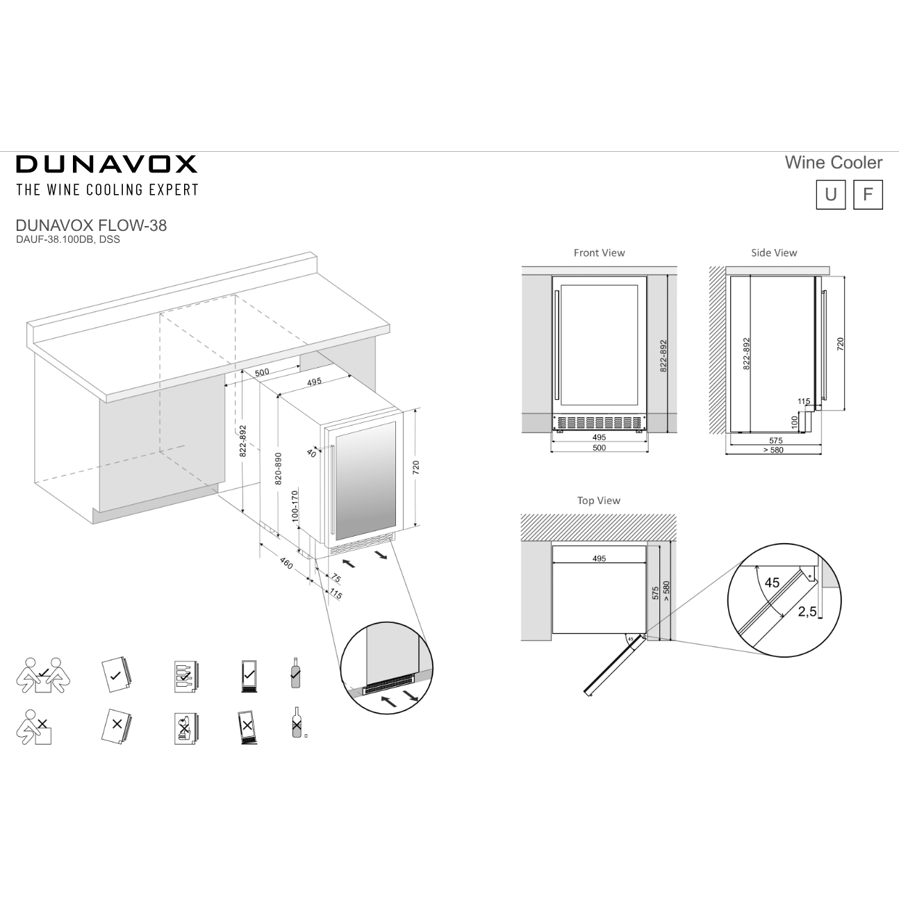 Podpultni hladnjak za vino Dunavox DAUF-38.100DB - 88cm širina 50 cm
