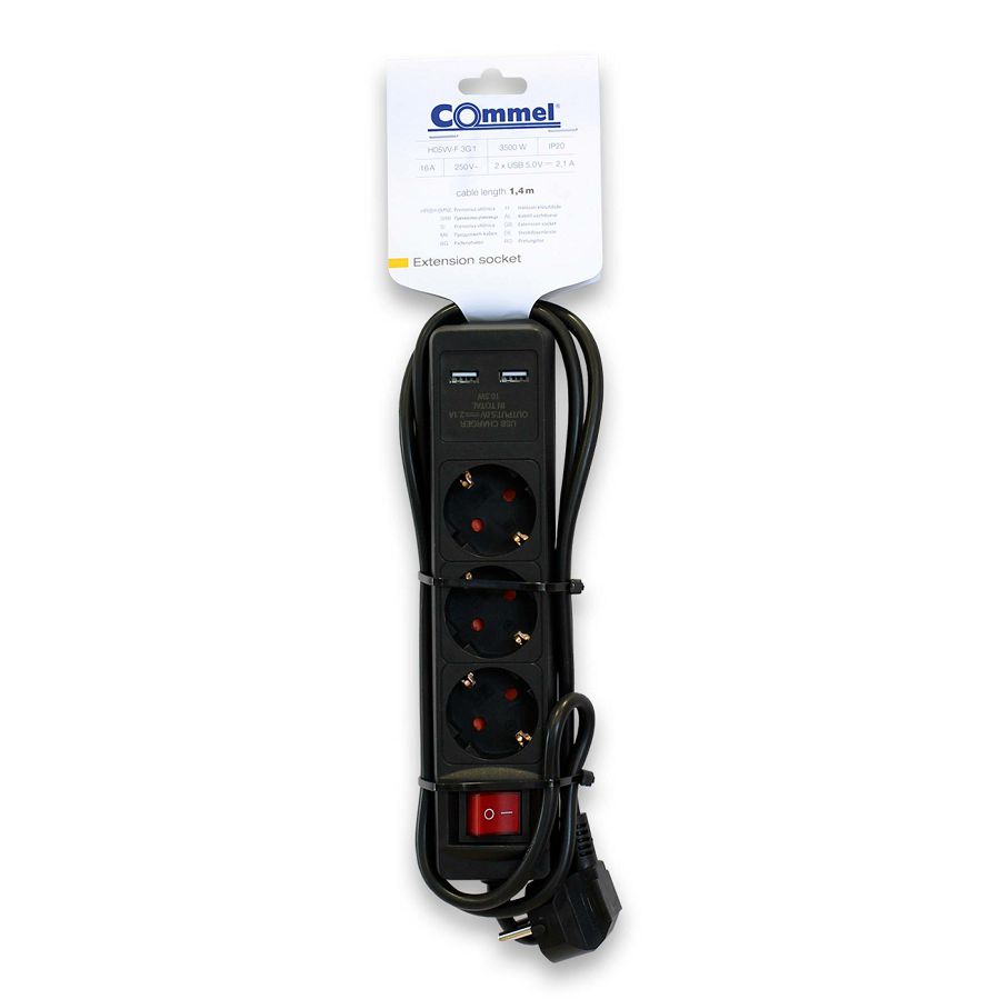 Produžni kabel Commel 3/1,4m crni s prek. 2xUSB-5V 16A 250V~3500W 234-411
