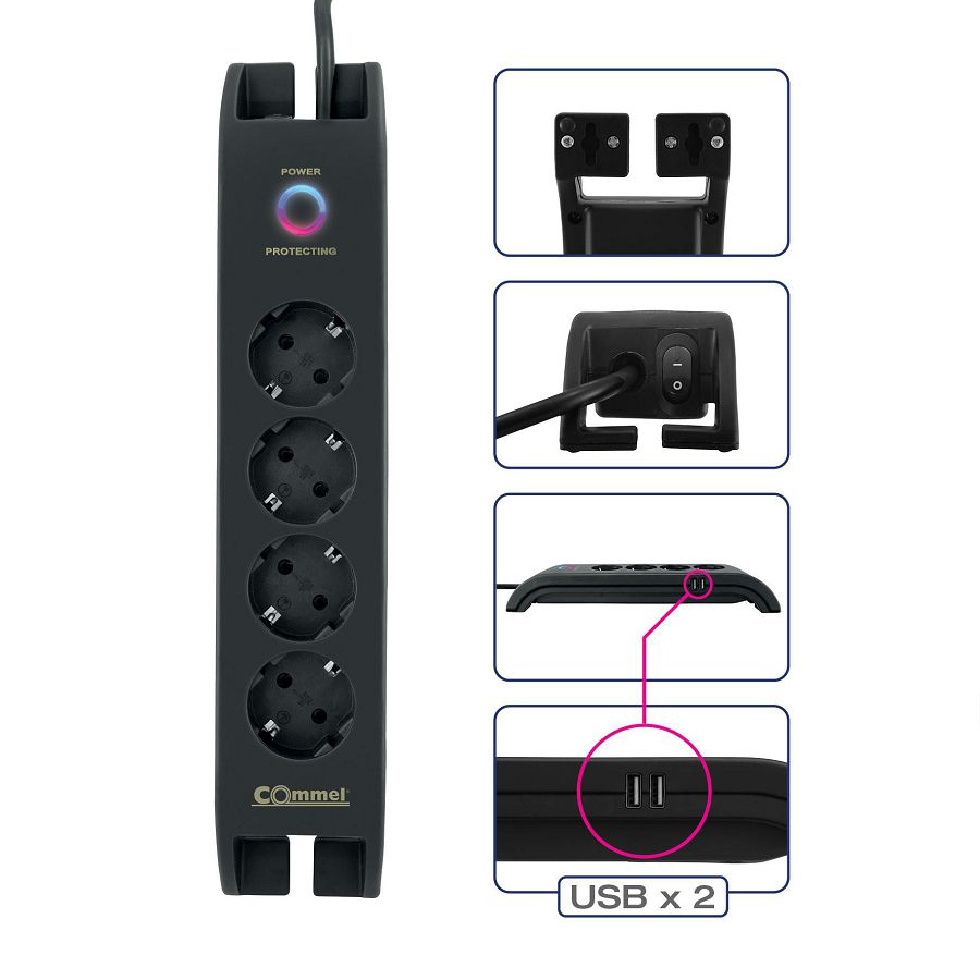 Produžni kabel Commel 4/2m crni s zaštitom 2xUSB-A 16A 250V~3680W 380-109
