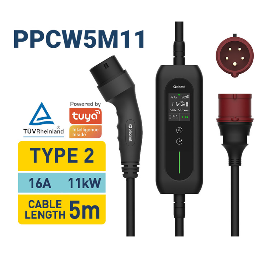 Punjač za EV Platinet PPCW5M11 11kW, 16A, Tip2, 5m, WiFi, BT