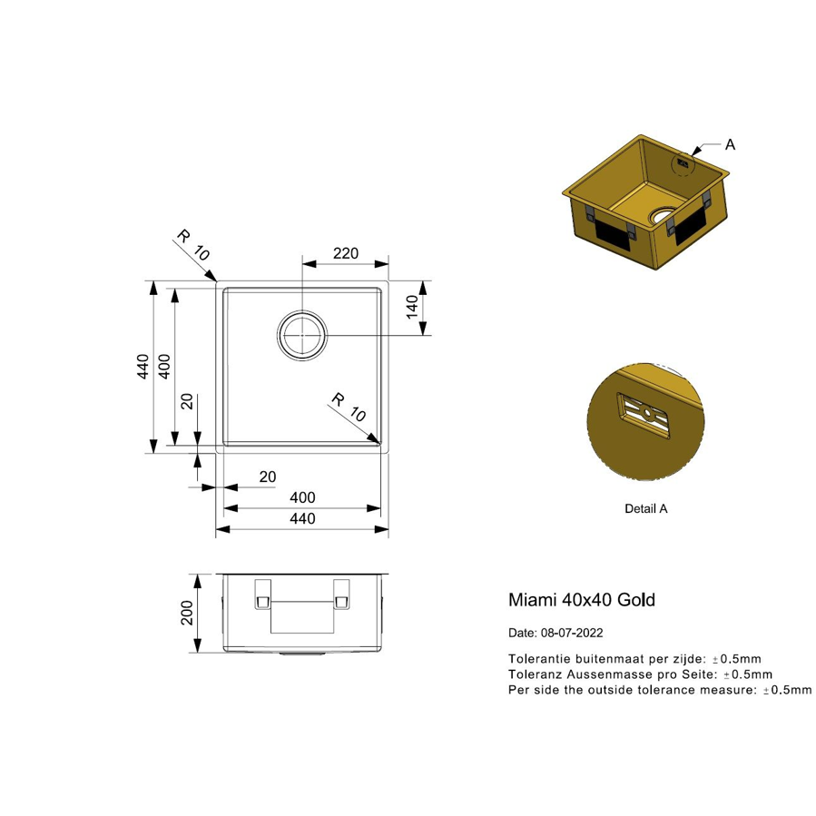Sudoper Reginox Miami 40x40 gold