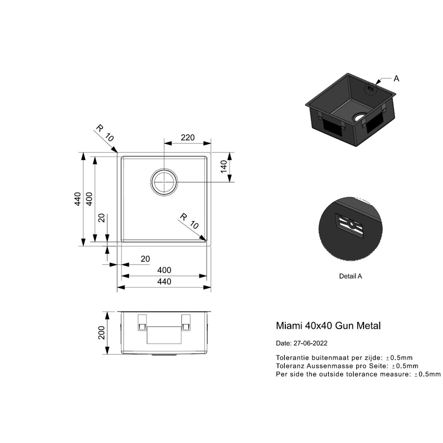 Sudoper Reginox Miami 40x40 gunmetal