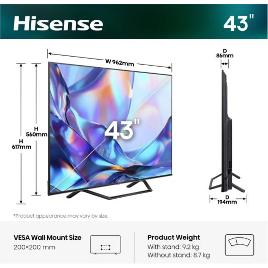 Televizor Hisense 43A7S UHD QuantumDot 4K VidaaOS