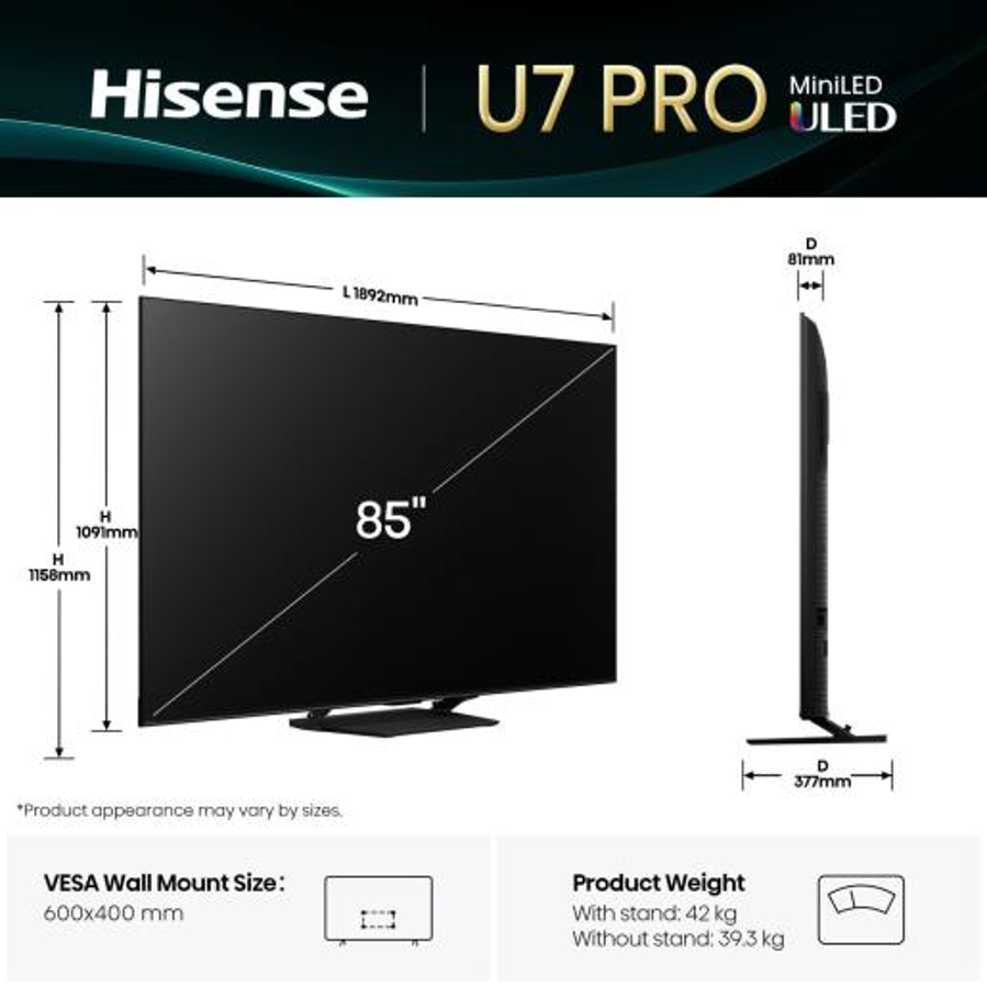 Televizor Hisense 85U7Q PRO ULED MiniLED 4K VidaaU9