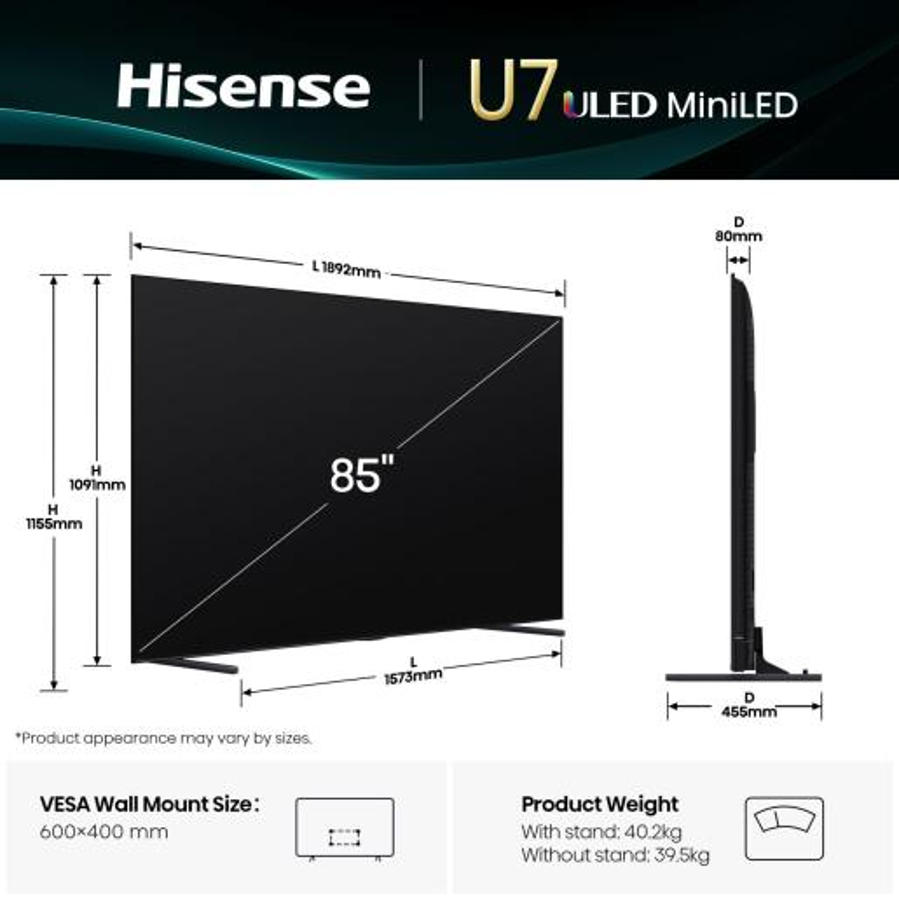 Televizor Hisense 85U7Q ULED MiniLED 4K VidaaU8.5