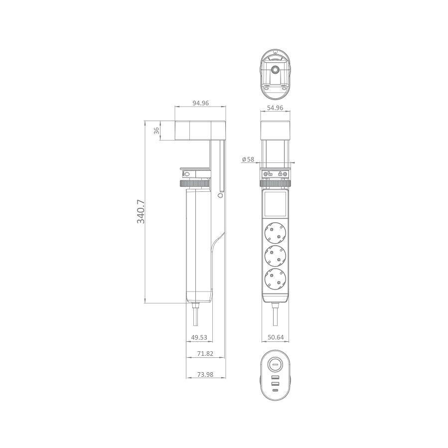Utičnica Commel pultna 1,4m 3680W/16A 3xUSB 2xA+1xC 5V/3,4A/17W 235-130
