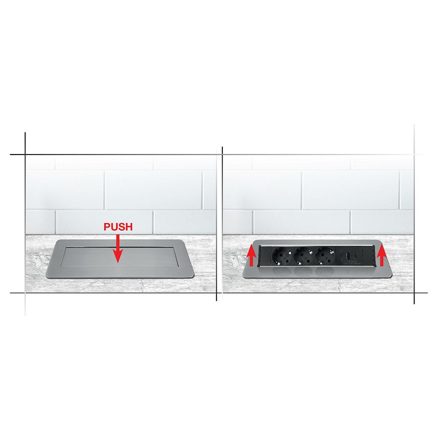 Utičnica Commel ugradbena PopUp 2m 3680W/16A 2xUSB A+C 5V/3,1A 235-101 nikal