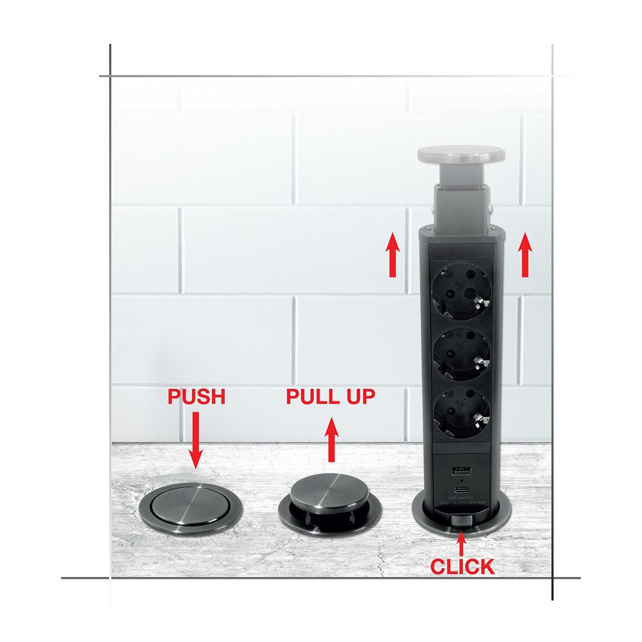 Utičnica Commel ugradbena PopUp 2m 3680W/16A 2xUSB A+C 5V/3,1A 235-121 inox/tamni inox