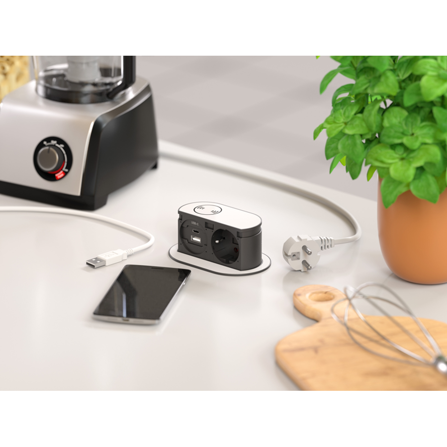 Utičnica ugradbena HPF Piccolino bijelo staklo 2m 1xSchuko + USB A/C + bež. punj