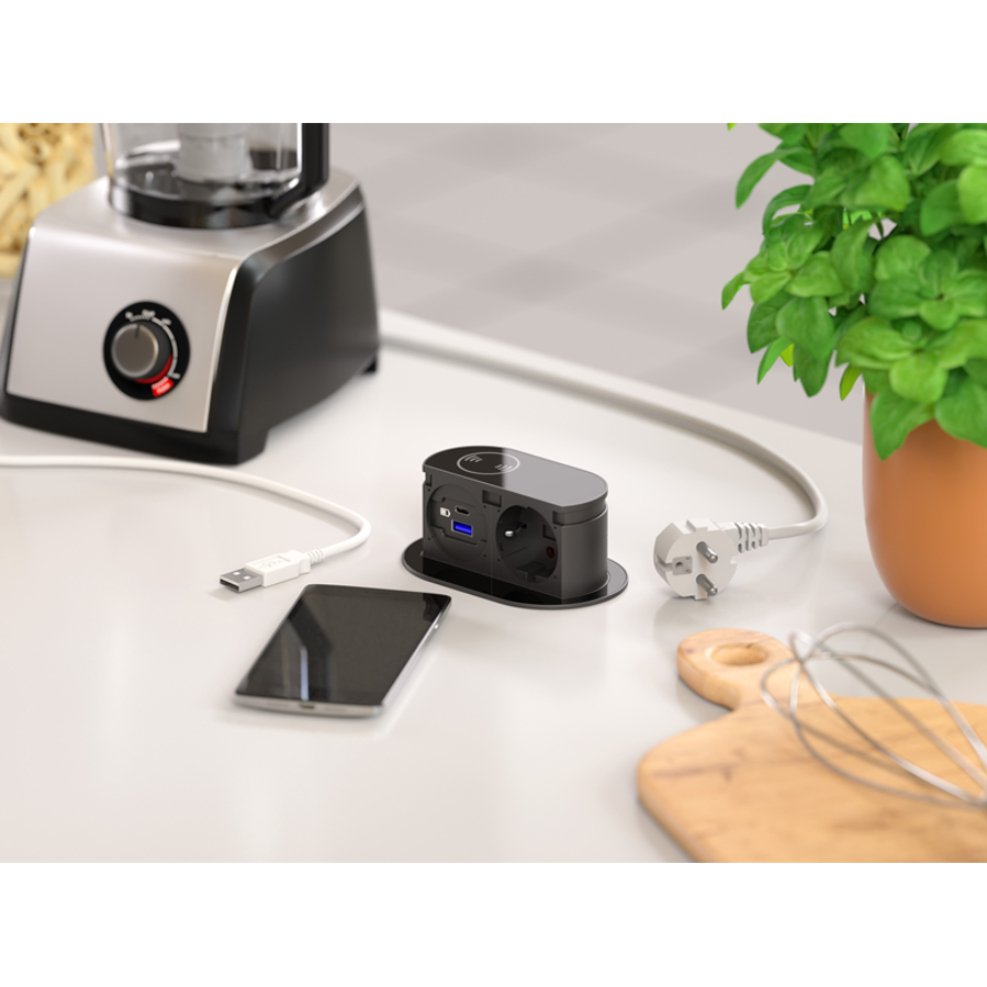 Utičnica ugradbena HPF Piccolino crno staklo 2m 1xSchuko + USB A/C + bež. punjač