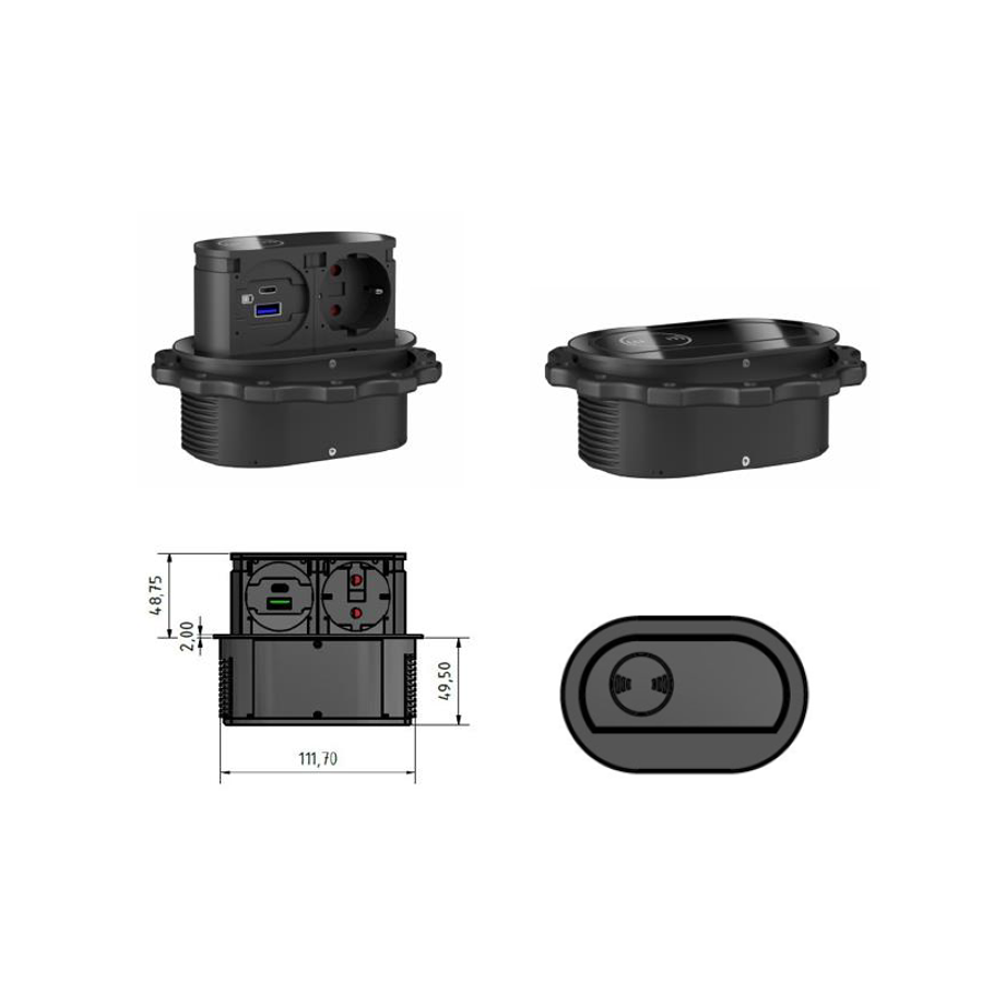Utičnica ugradbena HPF Piccolino crno staklo 2m 1xSchuko + USB A/C + bež. punjač