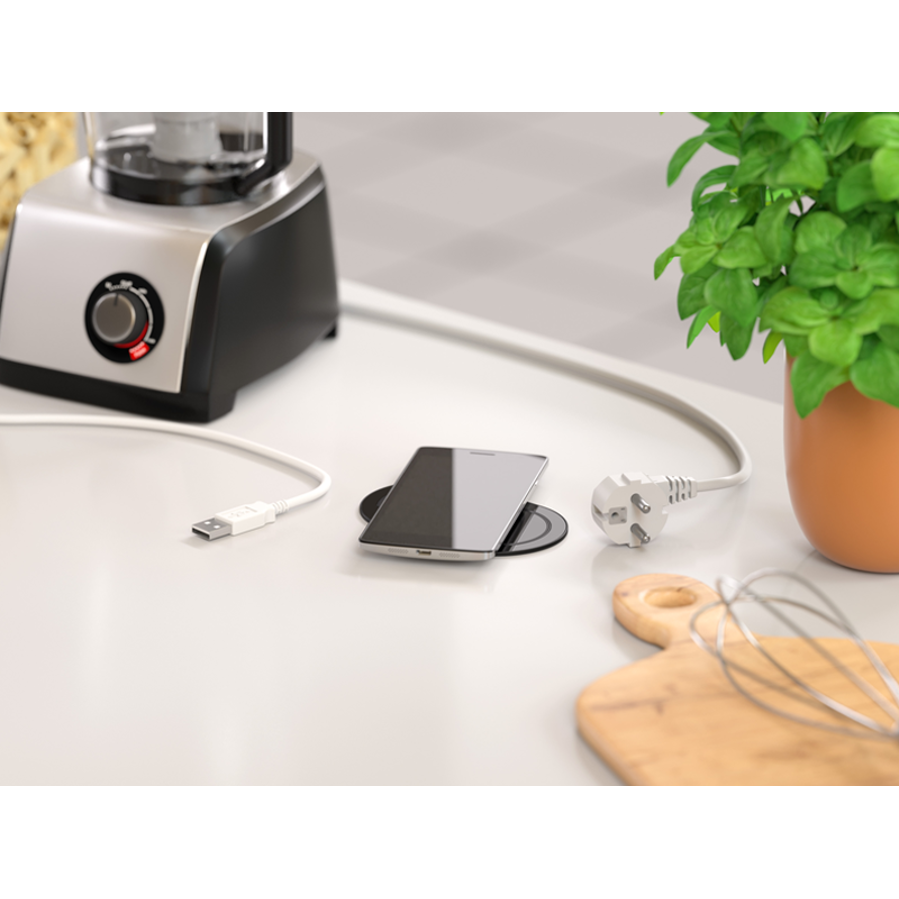 Utičnica ugradbena HPF Piccolino crno staklo 2m 1xSchuko + USB A/C + bež. punjač