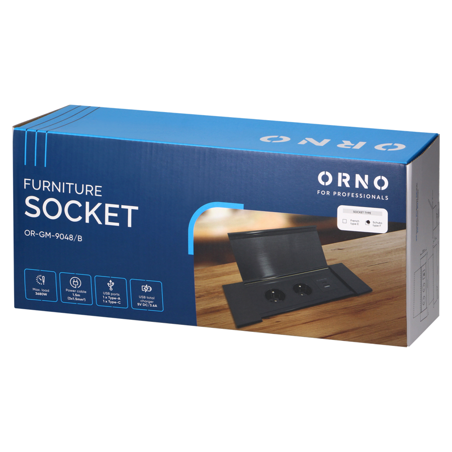 Utičnica ugradbena Orno crna 1,5m 2xSchuko + USB A/C 0149048GSB