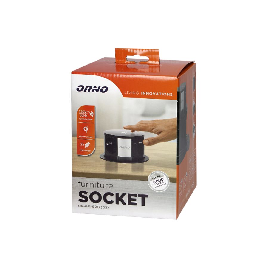 Utičnica ugradbena Orno crna 1,5m 3xSchuko + USB A/C + bež. punjač