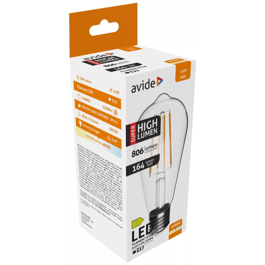 Žarulja LED Avide ST58 E27 4.9W 4000K 806lm ABLFST58NW-4.9W